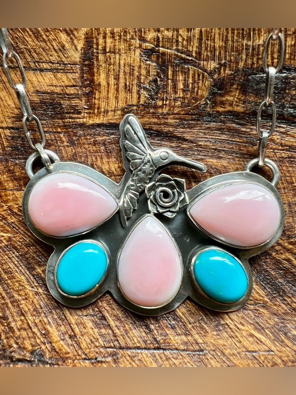 925 Sterling Pink Conch Turquoise Hummingbird Butterfly Necklace